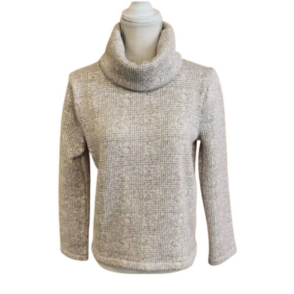 J.CREW Vintage Sweater Womens Beige Glen Plaid Long‎ Sleeve Funnel Neck Size Med